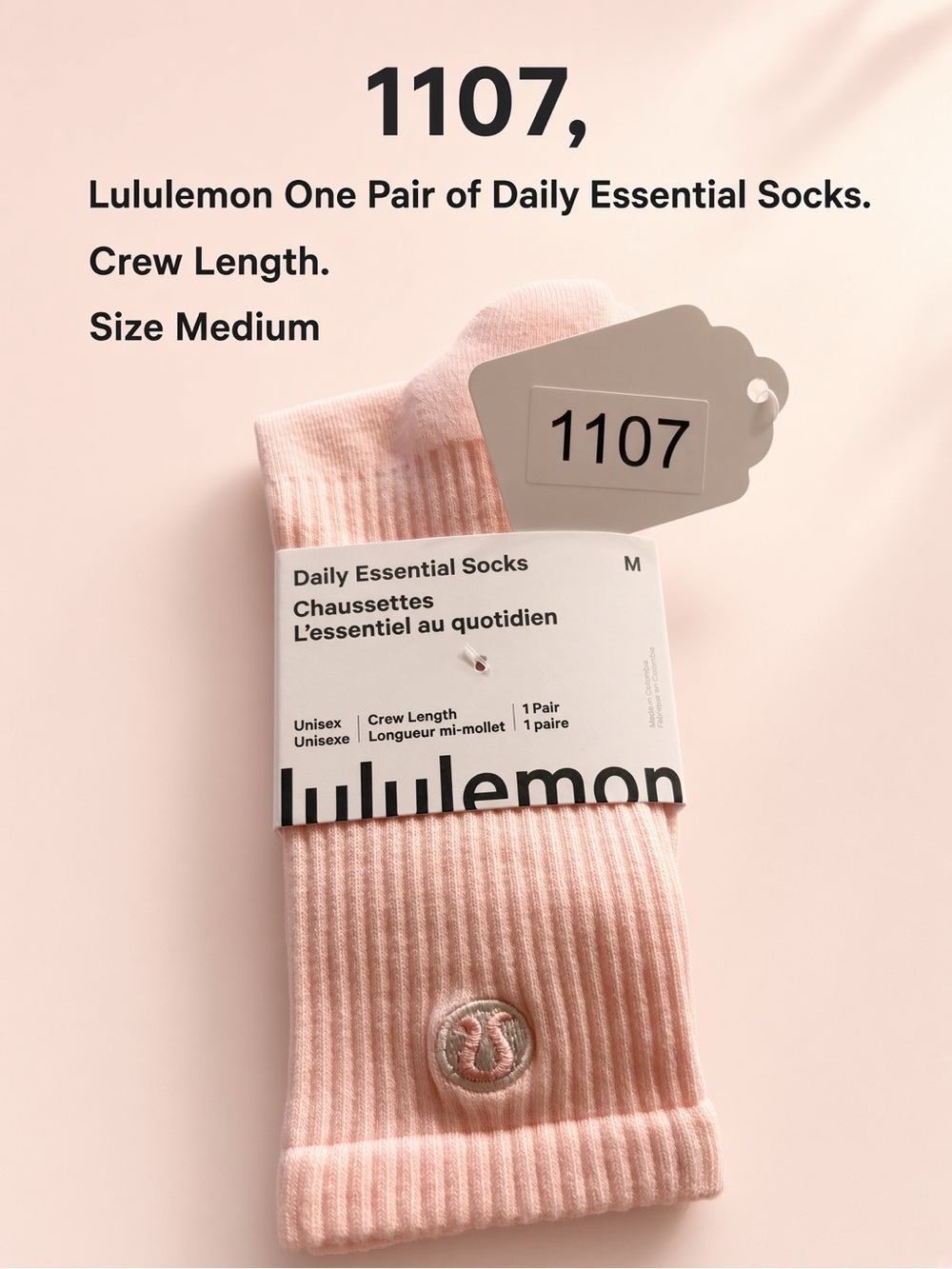 1107, Authentic lululemon athletica Pink Daily Essential Crew Socks. Medium Size